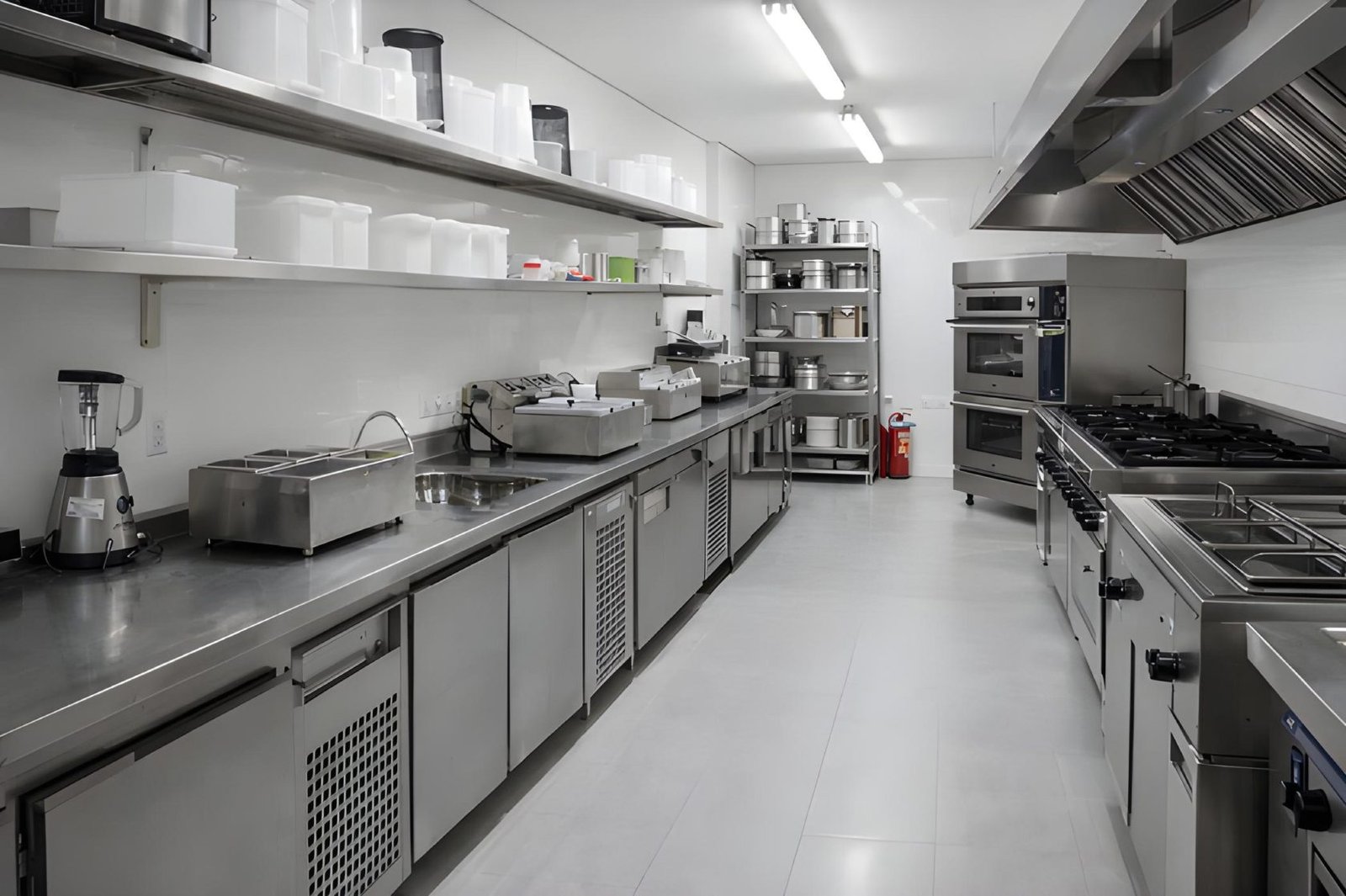Cozinha industrial com linha contínua de bancadas, balcões refrigerados e prateleiras em aço inox